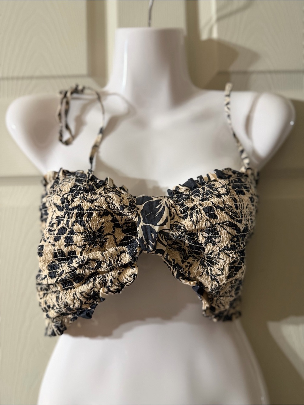 American Eagle Outfitters Beige and Black Floral Smocked Bandeau